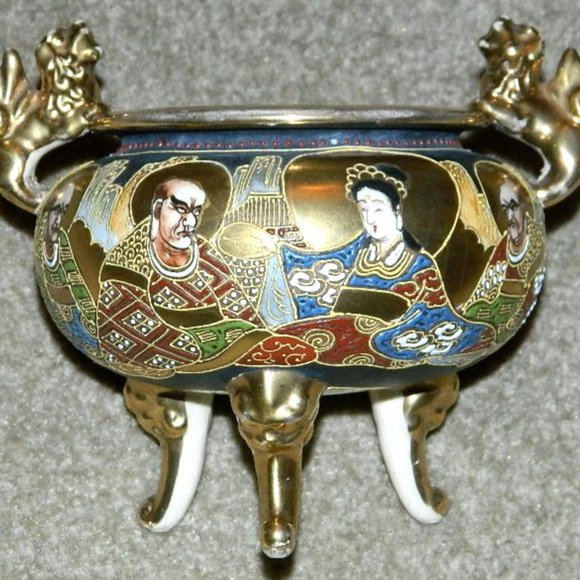 Antique Incense Burner Japan Satsuma Moriage Earthenware Foo Dog Hand Painted - Picture 9 of 16